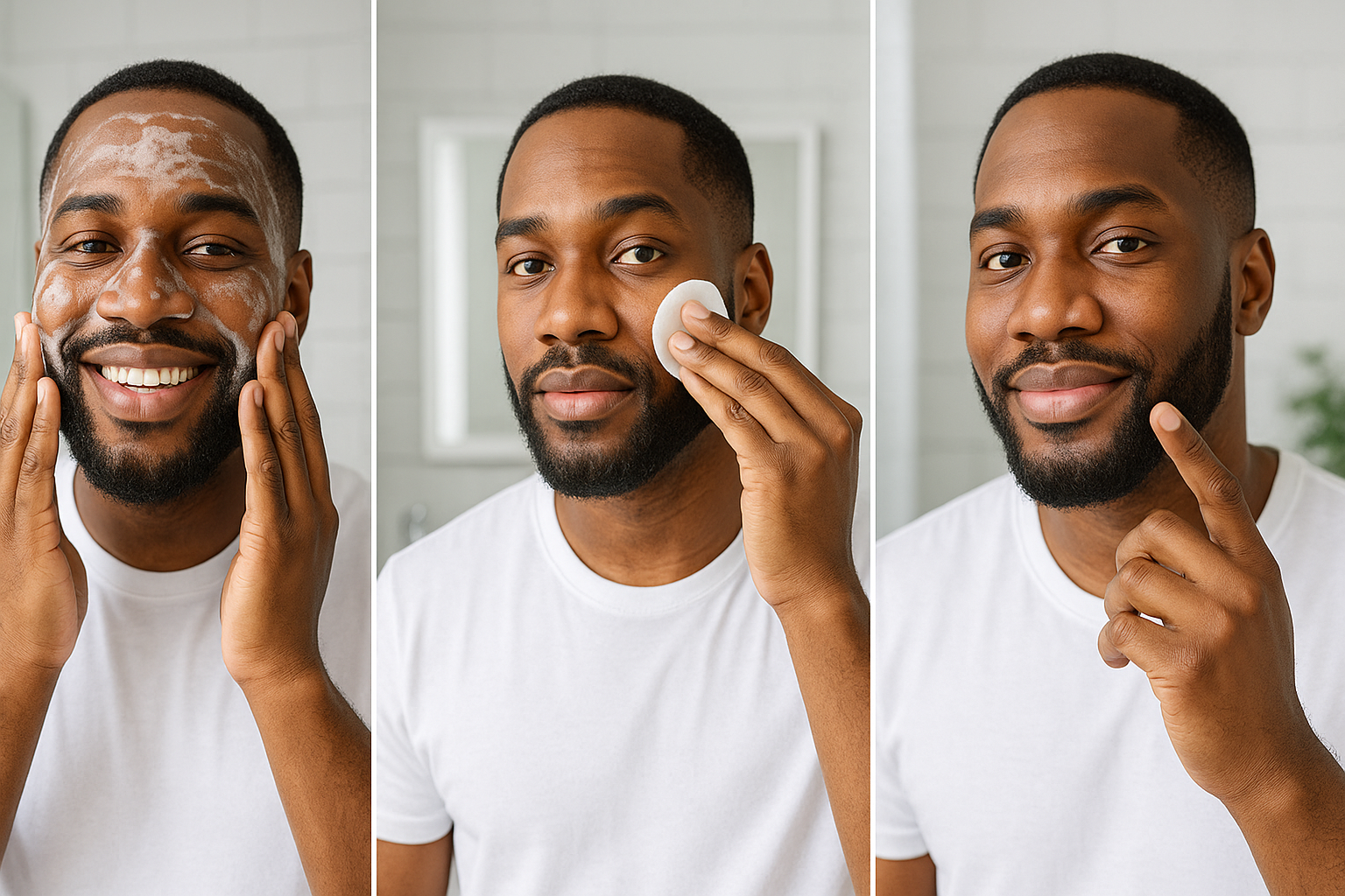 give an image for a blog how to buid 3 step skincare routine. do not add any tets and give for dark black men doing skincare